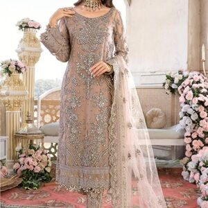 Gray Sequin Embellished Wedding Dress with Bishop Sleeves